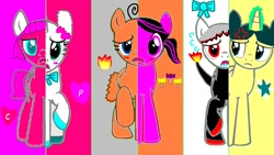 Size: 1024x576 | Tagged: safe, artist:tamagosqueeze, oc, oc only, oc:betrayus, oc:cylindria, oc:mametchi, oc:memetchi, cutie mark swap, drool, lovelitchi, oh shit, pinky, ponified, swapped cutie marks, sweatdrop, what my cutie mark is telling me