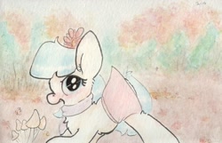 Size: 1068x686 | Tagged: safe, artist:slightlyshade, coco pommel, blushing, clothes, cocobetes, cute, flower, mushroom, scarf, skirt, solo, traditional art