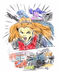 Size: 3328x4032 | Tagged: safe, artist:piojote, adagio dazzle, aria blaze, sonata dusk, equestria girls, absurd resolution, comic, crossover, g.i. joe, gun, headset, machine gun, persuader tank, sweat, tank (vehicle), the dazzlings, weapon