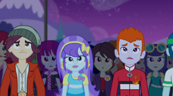 Size: 1280x714 | Tagged: safe, screencap, aqua blossom, captain planet, cherry crash, golden hazel, heath burns, mystery mint, normal norman, sophisticata, valhallen, equestria girls, rainbow rocks, background human