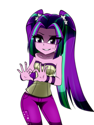 Size: 1200x1600 | Tagged: safe, artist:nekojackun, aria blaze, equestria girls, bare shoulders, bracelet, clothes, cute, heart hands, jewelry, pants, sleeveless, solo, strapless, tube top