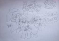 Size: 2208x1534 | Tagged: artist needed, safe, apple bloom, babs seed, scootaloo, sweetie belle, bloom and gloom, cutie mark crusaders, ghostbusters, monochrome, traditional art, twittermite