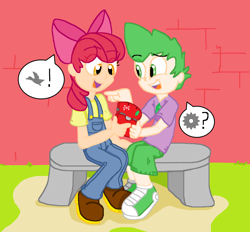 Size: 2472x2298 | Tagged: safe, apple bloom, spike, duck, human, 3ds, bench, duck hunt, exclamation point, female, gears, humanized, male, megaman, open mouth, pictogram, sharing, sitting, smiling, super smash bros., teeth