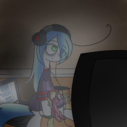 Size: 1200x1200 | Tagged: safe, artist:fullmetalpikmin, oc, oc only, oc:mal, earth pony, pony, clothes, computer, headphones, solo, t-shirt, television