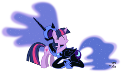 Size: 1600x946 | Tagged: safe, artist:90sigma, nightmare moon, twilight sparkle, alicorn, pony, unicorn, cute, hug, simple background, solo, transparent background