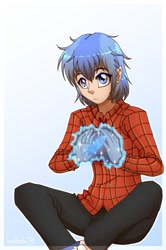 Size: 729x1096 | Tagged: safe, artist:inuhoshi-to-darkpen, oc, oc only, oc:star kicker, human, flannel, humanized, humanized oc, magic aura, solo, winningverse