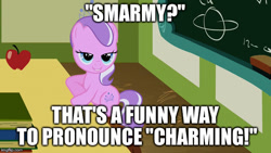 Size: 640x360 | Tagged: safe, edit, edited screencap, screencap, diamond tiara, ponyville confidential, image macro, lidded eyes, meme, ponyville schoolhouse, solo, wordplay