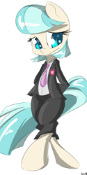 Size: 600x1200 | Tagged: safe, artist:[redacted], coco pommel, pony, bipedal, blazer, business suit, clothes, crossdressing, looking down, necktie, pants, shirt, solo, suit