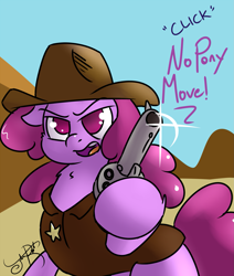 Size: 1697x2000 | Tagged: safe, artist:jorobro, berry punch, berryshine, gun, sheriff, solo