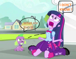 Size: 980x766 | Tagged: safe, artist:theanimefanz, screencap, spike, twilight sparkle, dog, equestria girls, exploitable meme, image macro, meme, slowpoke, spike the dog, text, twiscream, what are thoooose