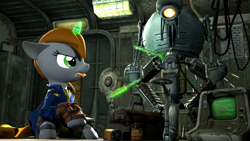 Size: 1920x1080 | Tagged: safe, artist:d0ntst0pme, oc, oc only, oc:littlepip, pony, robot, unicorn, fallout equestria, 3d, buzzsaw, clothes, computer, fallout, fanfic, fanfic art, female, glowing horn, hooves, horn, levitation, magic, mare, mister handy, open mouth, pipbuck, power cell, repairing, screwdriver, solo, source filmmaker, telekinesis, terminal, tongue out, toolbox, tools, vault suit, wrench