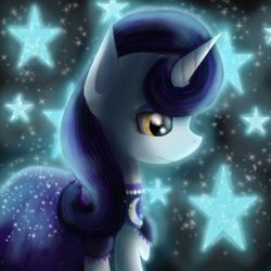 Size: 900x900 | Tagged: safe, artist:chanceyb, moonlight raven, pony, unicorn, canterlot boutique, clothes, dress, female, mare, over the moon, solo, sparkles, stars