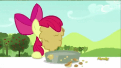 Size: 480x270 | Tagged: safe, screencap, apple bloom, brotherhooves social, adorabloom, animated, cute, discovery family logo, eating, licking, messy eating, open mouth, pie, smiling, solo, tongue out