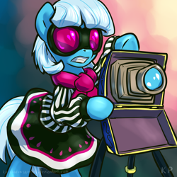 Size: 1500x1500 | Tagged: safe, artist:kp-shadowsquirrel, photo finish, pony, bipedal, camera, gritted teeth, solo, sunglasses