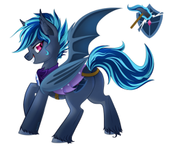 Size: 1024x890 | Tagged: safe, artist:skjolty, oc, oc only, oc:emile nightcaster, bat pony, pony, armor, cutie mark, female, grin, guardsmare, looking at you, mare, night guard, plot, royal guard, simple background, solo, transparent background, unshorn fetlocks
