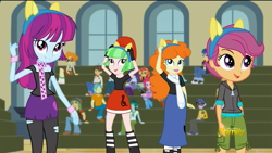 Size: 1366x768 | Tagged: safe, screencap, brawly beats, captain planet, cloudy kicks, drama letter, golden hazel, mystery mint, scootaloo, scribble dee, watermelody, wiz kid, equestria girls, friendship games, background human, care root, chs rally song, derp, discovery family logo