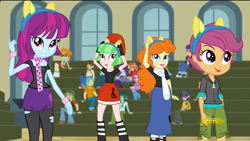 Size: 1366x768 | Tagged: safe, screencap, brawly beats, captain planet, cloudy kicks, drama letter, flash sentry, golden hazel, mystery mint, sandalwood, scootaloo, scribble dee, watermelody, wiz kid, equestria girls, friendship games, background human, care root, chs rally song, derp, discovery family logo, microchip