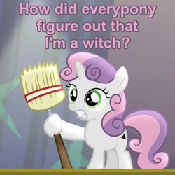 Size: 700x700 | Tagged: safe, edit, edited screencap, screencap, sweetie belle, bloom and gloom, broom, caption, hat, image macro, mop, solo, sweepy belle, witch, witch hat