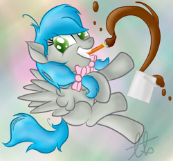 Size: 900x836 | Tagged: safe, artist:laptopbrony, oc, oc only, oc:darcy sinclair, pegasus, pony, cute, female, hair bow, paint, paintbrush