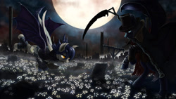 Size: 1600x900 | Tagged: safe, artist:willhemtier, oc, oc:echo, bat pony, pony, badass, bloodborne, commission, crossover, gehrman, hunter's dream, moon, mouth hold, ponified, scythe