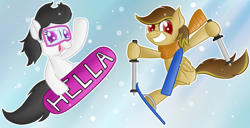 Size: 1024x525 | Tagged: safe, artist:laptopbrony, oc, oc only, oc:cg, oc:jerry, clothes, goggles, hella, scarf, skiing, snow, snowboard, snowfall