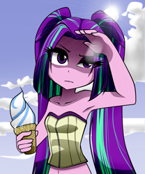 Size: 1000x1200 | Tagged: safe, artist:nekojackun, aria blaze, equestria girls, armpits, bare shoulders, belly button, clothes, cloud, cone, covering, dessert, hot, ice cream, melting, midriff, sky, sleeveless, solo, strapless, summer, sun, tube top