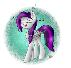 Size: 696x666 | Tagged: safe, artist:peaceouttopizza23, oc, oc only, oc:sweet hum, bat pony, pony, eyes closed, fangs, music notes, singing