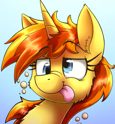 Size: 1777x1915 | Tagged: safe, artist:otakuap, oc, oc only, oc:bright ember, pony, unicorn, bust, cute, derp, drunk, drunk bubbles, nose wrinkle, portrait, solo, tongue out