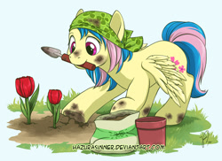 Size: 962x700 | Tagged: safe, artist:hazurasinner, oc, oc only, oc:harmony (hazurasinner), gardening, magical lesbian spawn, mouth hold, offspring, parent:fluttershy, parent:rainbow dash, parents:flutterdash, solo