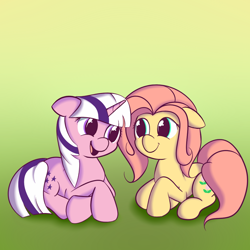 Size: 1000x1000 | Tagged: safe, artist:squiby-327, posey, twilight, earth pony, pony, unicorn, g1, ask, ask posey, duo, female, floppy ears, gradient background, looking at each other, mare, prone, smiling, tumblr