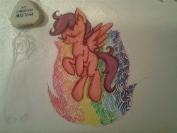 Size: 1024x768 | Tagged: safe, artist:colouredteapot, scootaloo, eyes closed, rainbow, solo, traditional art
