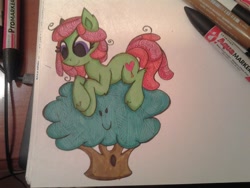Size: 1024x768 | Tagged: safe, artist:colouredteapot, tree hugger, cute, filly, huggerbetes, simple background, solo, traditional art, tree