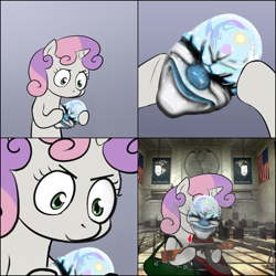 Size: 2000x2000 | Tagged: safe, sweetie belle, pony, unicorn, bipedal, dallas, donac dum, exploitable meme, female, filly, first world bank, gradient background, hoof hold, horn, letter, mask, meme, paper, payday, payday 2, payday the heist, robbery, rpk, solo, sweetie's note meme, two toned hair, white coat