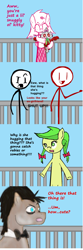 Size: 1028x3093 | Tagged: safe, apple fritter, apple family member, cutie pie, discord whooves, hug, stick figure, vocational death cruise