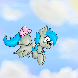 Size: 3000x3000 | Tagged: safe, artist:laptopbrony, oc, oc only, oc:darcy sinclair, bow, chest fluff, cloud, cloudy, cute, flying, sky, solo, tail bow