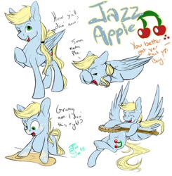 Size: 884x903 | Tagged: safe, artist:farewelldecency, oc, oc only, oc:jazz apple, banjo, cutie mark, freckles, musical instrument, offspring, parent:applejack, parent:soarin', parents:soarinjack