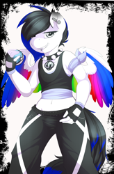 Size: 1256x1920 | Tagged: safe, artist:camychan, oc, oc only, oc:spirit beat, anthro, belly button, charm, choker, clothes, ear piercing, femboy, fingerless gloves, gloves, looking at you, male, midriff, piercing, pokéball, pokémon, pokémon sun and moon, solo, spiked choker, tanktop, team skull