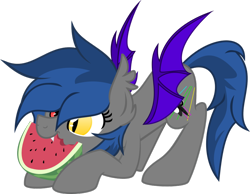 Size: 1024x795 | Tagged: safe, artist:takahira-chan, oc, oc only, oc:takahira, bat pony, pony, eating, heterochromia, simple background, solo, transparent background, vector, watermelon