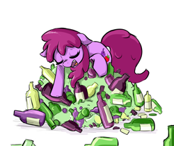 Size: 1500x1260 | Tagged: safe, artist:artguydis, berry punch, berryshine, earth pony, pony, alcohol, bottle, bottle nest, cute, drunk, eyes closed, female, mare, open mouth, sleeping, sleeping on pile, solo, wine