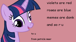 Size: 600x337 | Tagged: safe, twilight sparkle, dank, dank memes, derp, greeting card, know your meme, meme, particle mare, poem, poetry