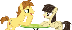 Size: 5227x2208 | Tagged: safe, artist:sketchmcreations, edit, edited screencap, screencap, wild fire, oc, oc:mandopony, a canterlot wedding, absurd resolution, female, male, mandofire, shipping, simple background, straight, table, transparent background, vector, vector edit