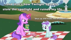 Size: 960x540 | Tagged: safe, edit, edited screencap, screencap, amethyst star, liza doolots, petunia, sparkler, tootsie flute, pony, unicorn, slice of life (episode), the mysterious mare do well, amethyst star is not amused, duo, female, filly, foal, fountain, glowing horn, headcanon, horn, image macro, jar, levitation, magic, magic aura, mare, peanut butter, picnic, picnic blanket, sandwich, sitting, telekinesis, that pony sure loves peanut butter