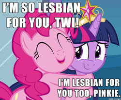 Size: 610x502 | Tagged: safe, derpibooru import, pinkie pie, twilight sparkle, twilight sparkle (alicorn), alicorn, earth pony, pony, crown, female, hug, image macro, lesbian, mare, meme, shipping, twinkie