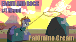 Size: 900x506 | Tagged: safe, artist:szabobali, boulder (pet), maud pie, tom, applejack's hat, cover art, cowboy hat, earth and rock, earth and rock album, hat, horns, maud rock, palomino cream, rope, sunset