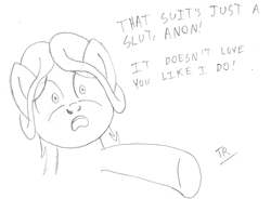 Size: 906x668 | Tagged: safe, artist:tr, oc, oc only, oc:chloe the pony, original species, clothes, clothes pony, dialogue, implied anon, living clothes, monochrome, ponified, shirt, sketch, talking to viewer, underhoof, vulgar