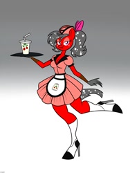 Size: 960x1280 | Tagged: safe, artist:mofetafrombrooklyn, oc, oc only, oc:cherry soda, anthro, bow, clothes, dress, drink, hair bow, high heels, skinny, soda, solo, waitress