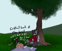 Size: 1182x974 | Tagged: safe, artist:blah-blah-turner, oc, oc only, oc:cristice, anthro, bird, cat, ask-cristice, picnic, solo