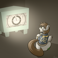 Size: 1280x1280 | Tagged: safe, artist:whitepone, oc, oc only, oc:littlepip, pony, unicorn, fallout equestria, clothes, fallout, fallout 4, fanfic, fanfic art, female, mare, please stand by, solo, television, vault suit