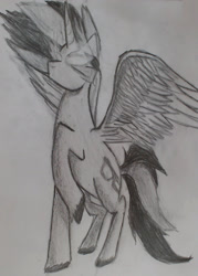 Size: 1845x2580 | Tagged: safe, artist:jonathan the awesome, derpibooru exclusive, oc, oc only, oc:jona clay, alicorn, pony, alicorn oc, glowing eyes, monochrome, solo, traditional art, transformation, unshorn fetlocks, wings