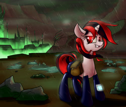 Size: 3000x2551 | Tagged: safe, artist:impcjcaesar, oc, oc only, oc:blackjack, cyborg, pony, unicorn, fallout equestria, fallout equestria: project horizons, fanfic, fanfic art, hoofington, level 2 (project horizons), rain, solo, the core